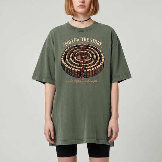 Follow the Story bookish tee in Moss, worn