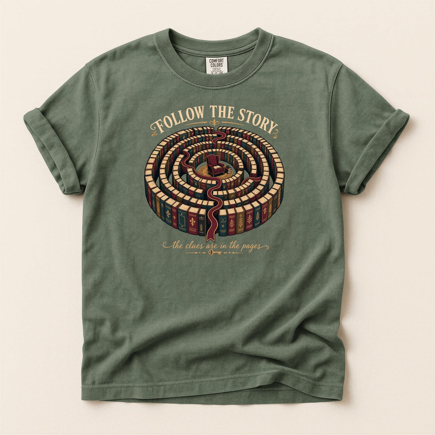 Follow the Story bookish tee in Moss, full flat