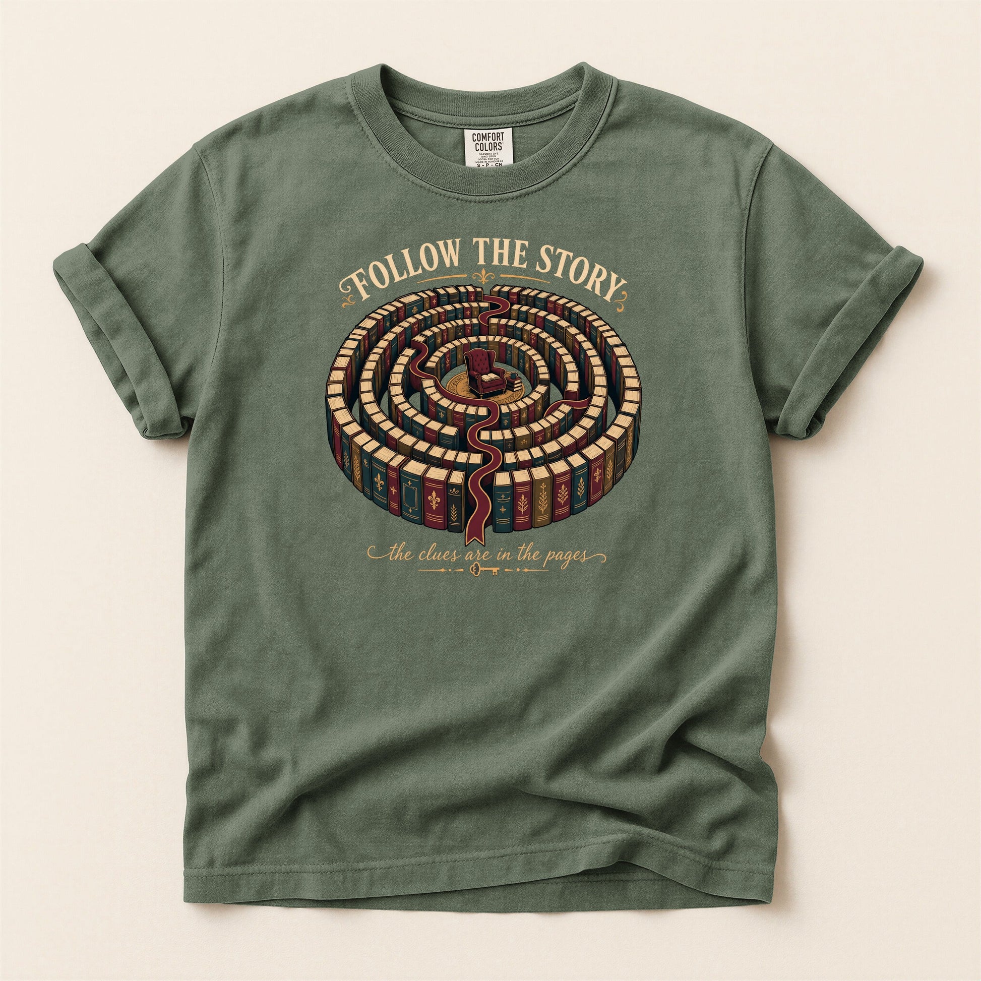Follow the Story bookish tee in Moss, full flat