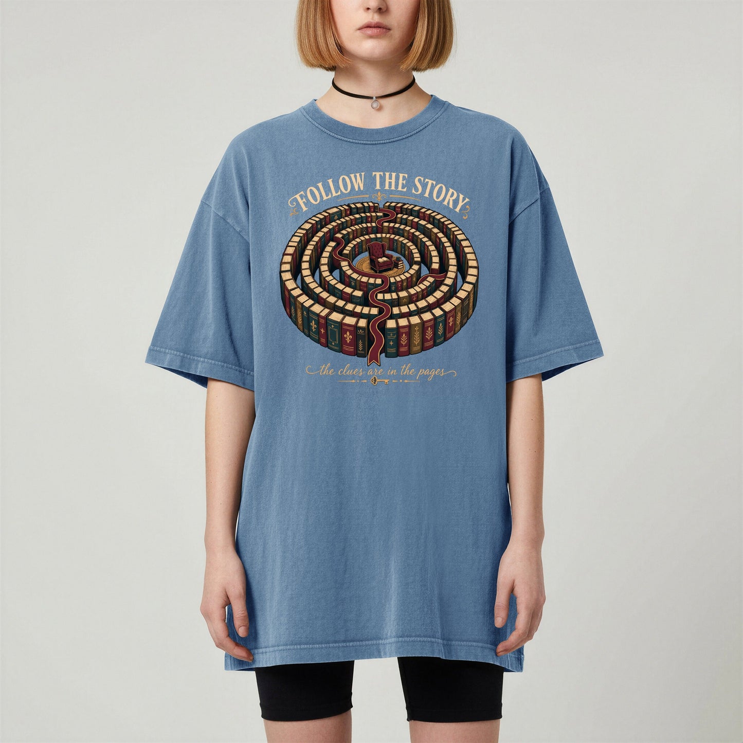 Follow the Story bookish tee in Blue Jean, worn