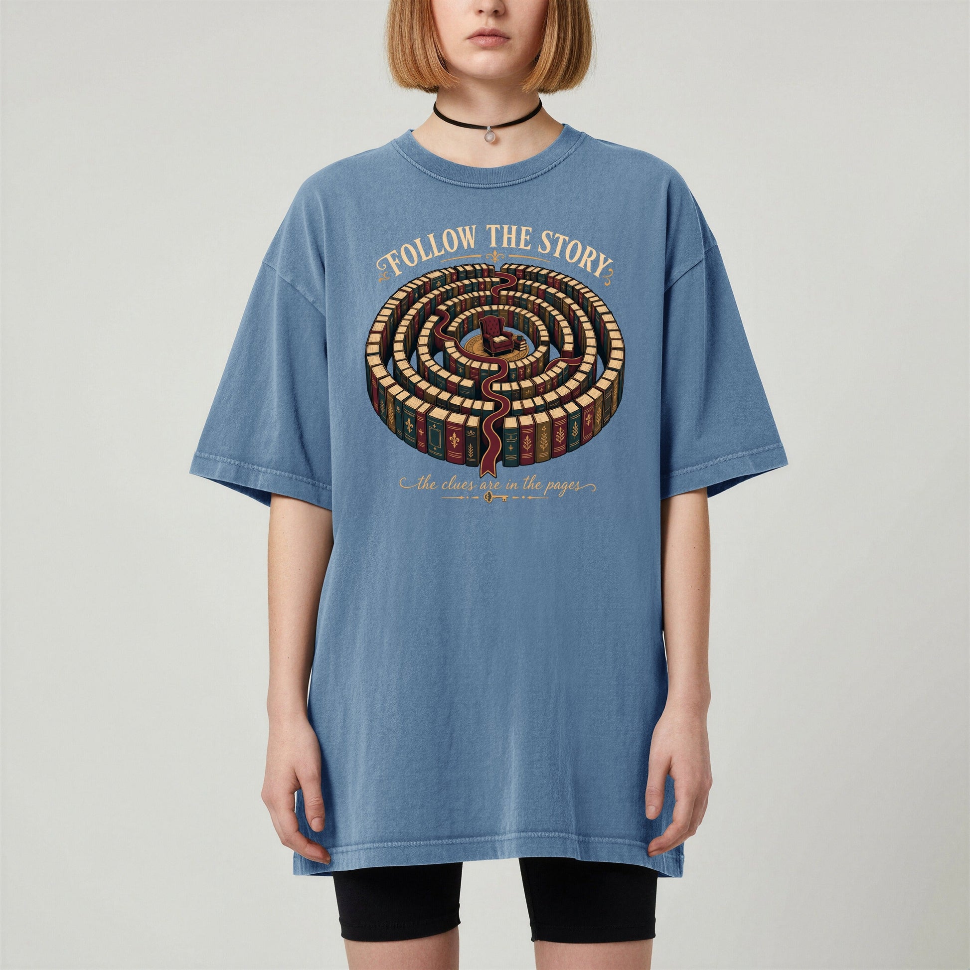 Follow the Story bookish tee in Blue Jean, worn