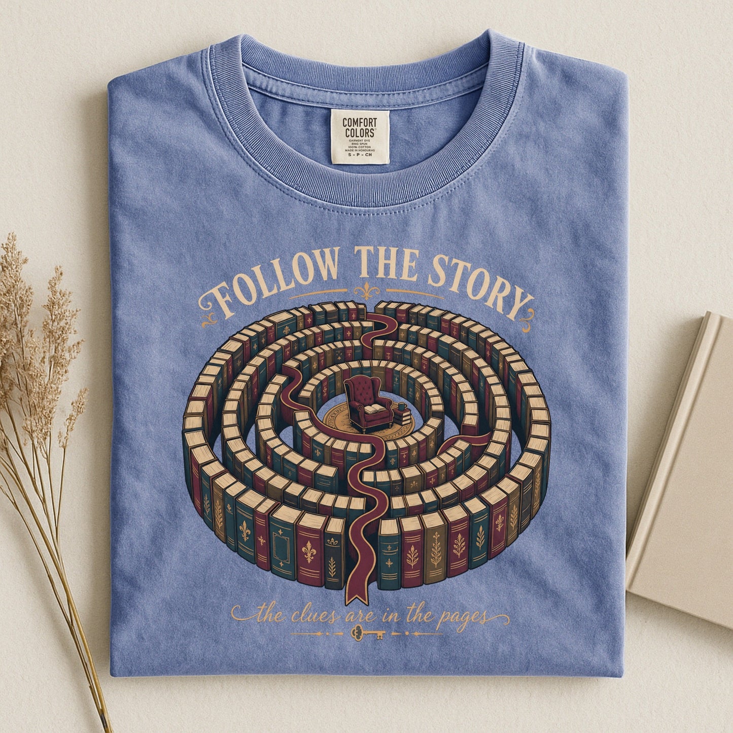 Follow the Story bookish tee in Blue Jean, flat lay