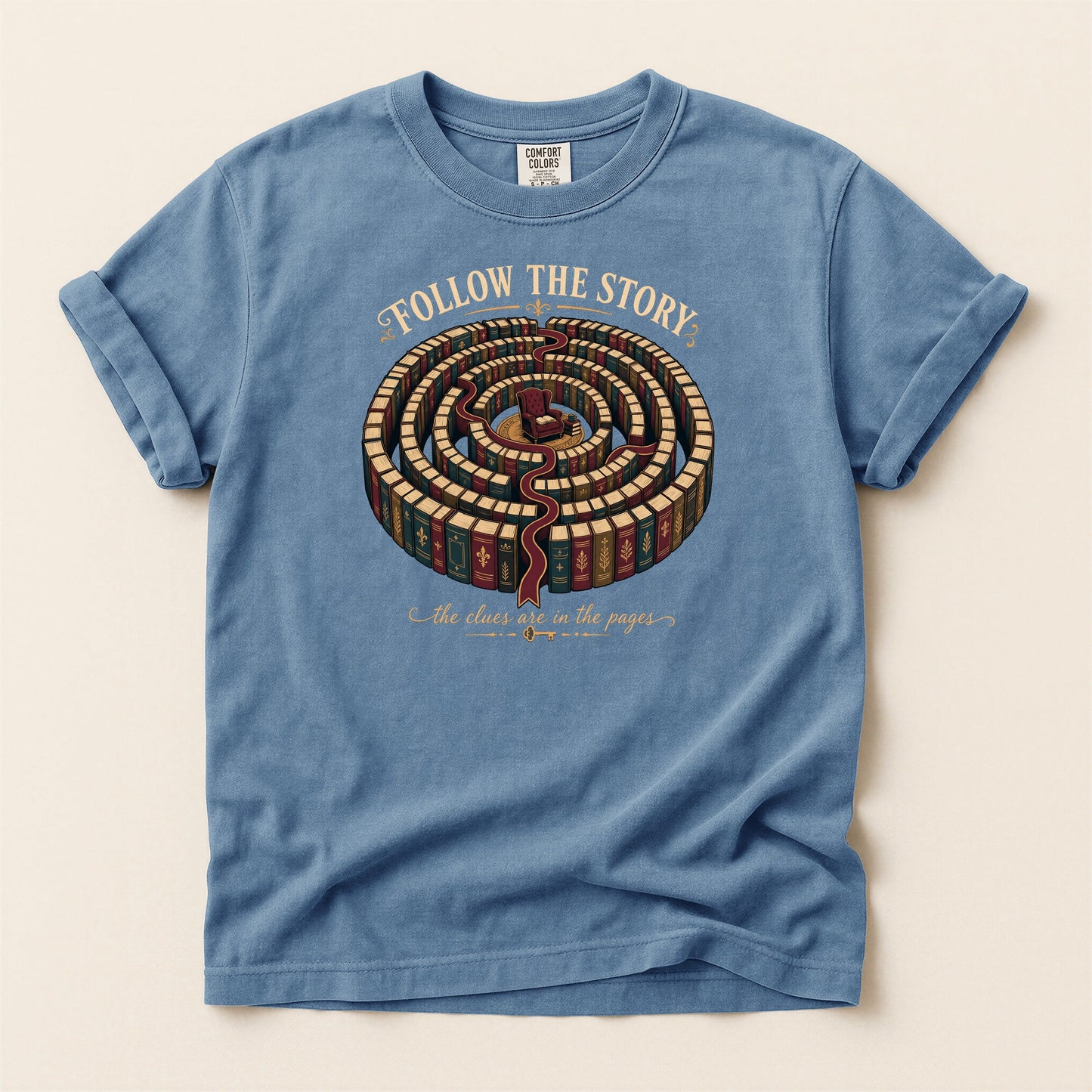 Follow the Story bookish tee in Blue Jean, full flat