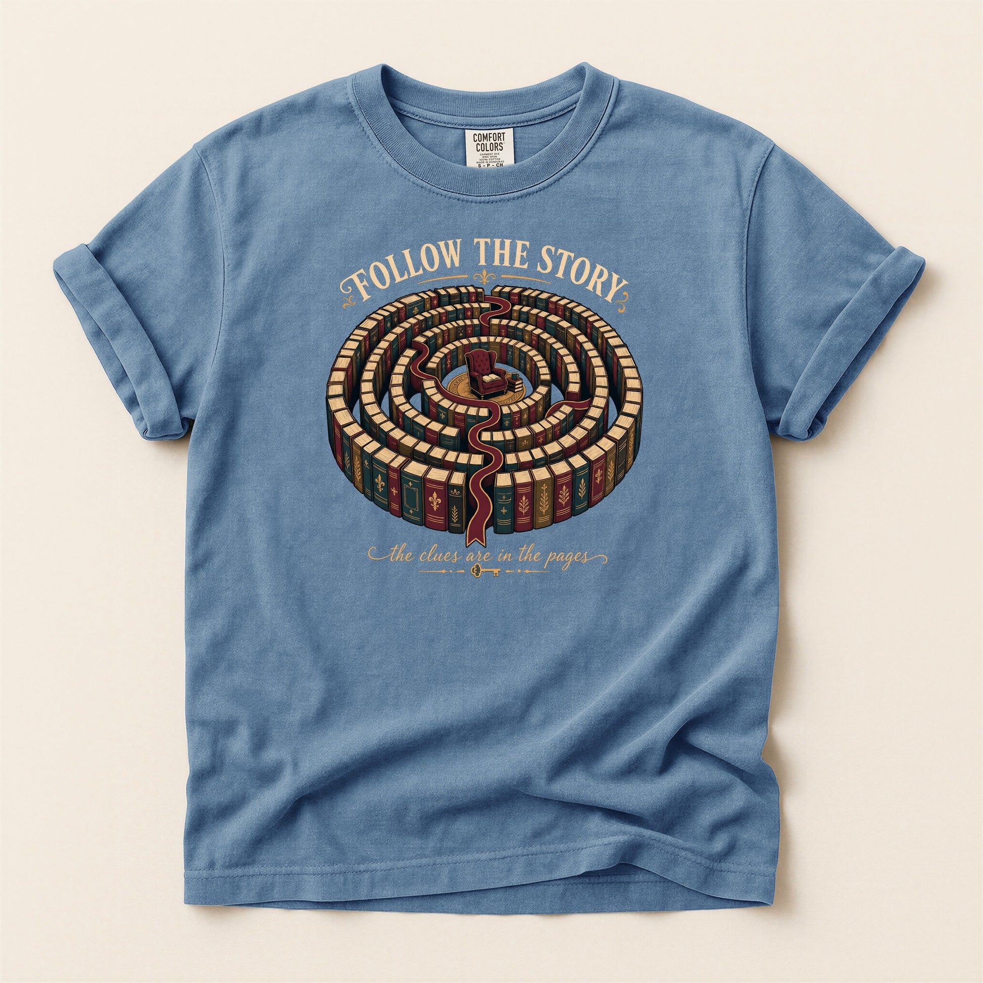 Follow the Story bookish tee in Blue Jean, full flat