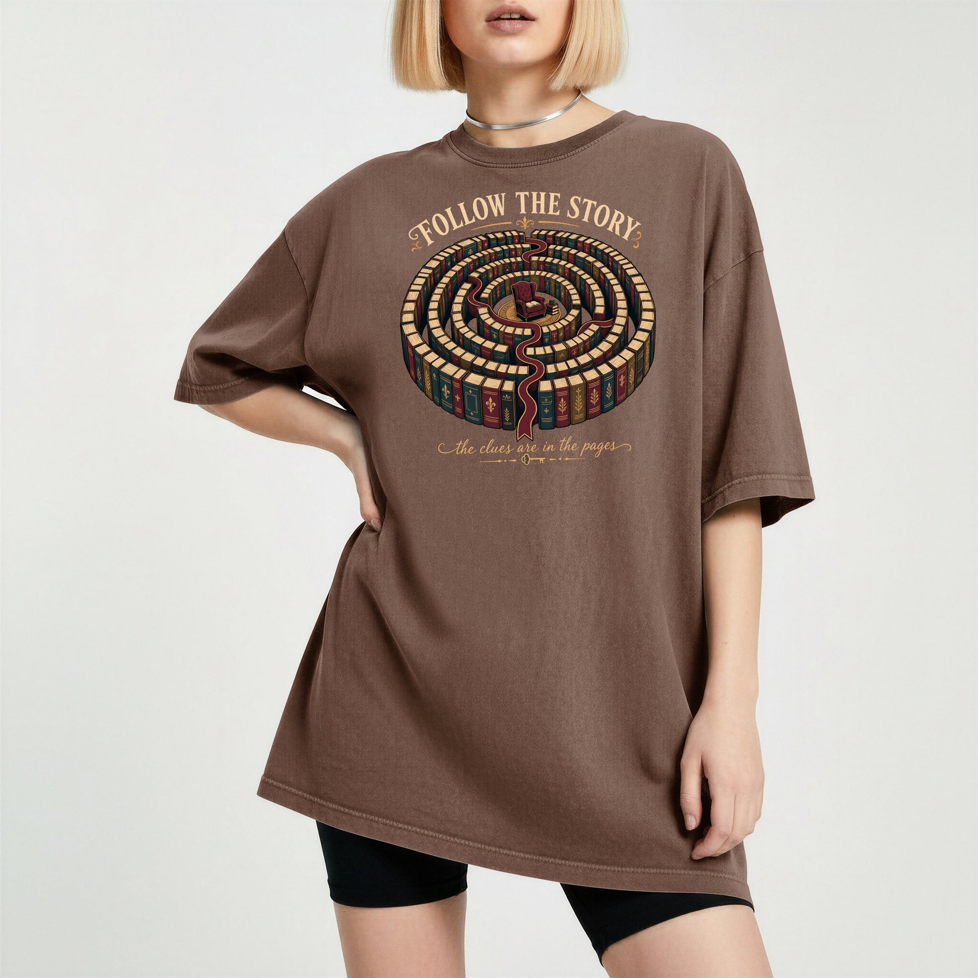 Follow the Story bookish tee in Espresso, worn