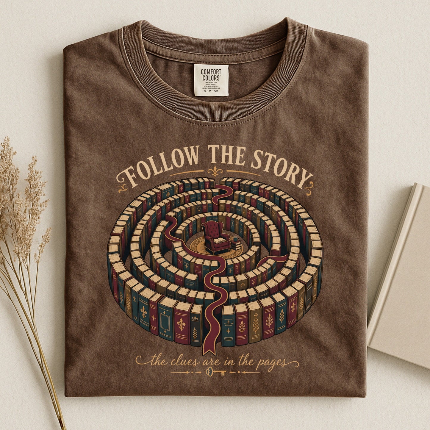 Follow the Story bookish tee in Espresso, flat lay