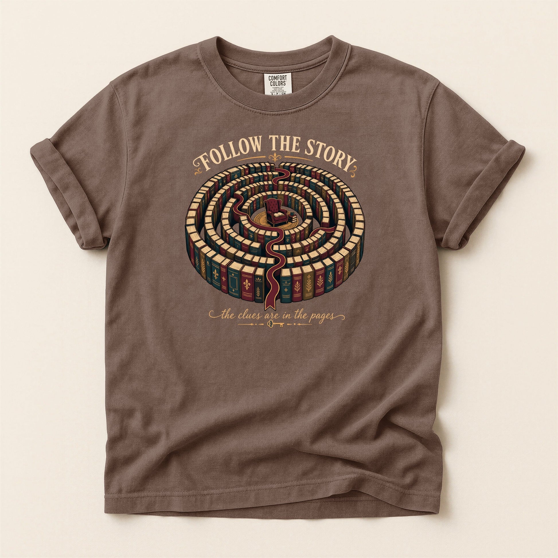Follow the Story bookish tee in Espresso, full flat