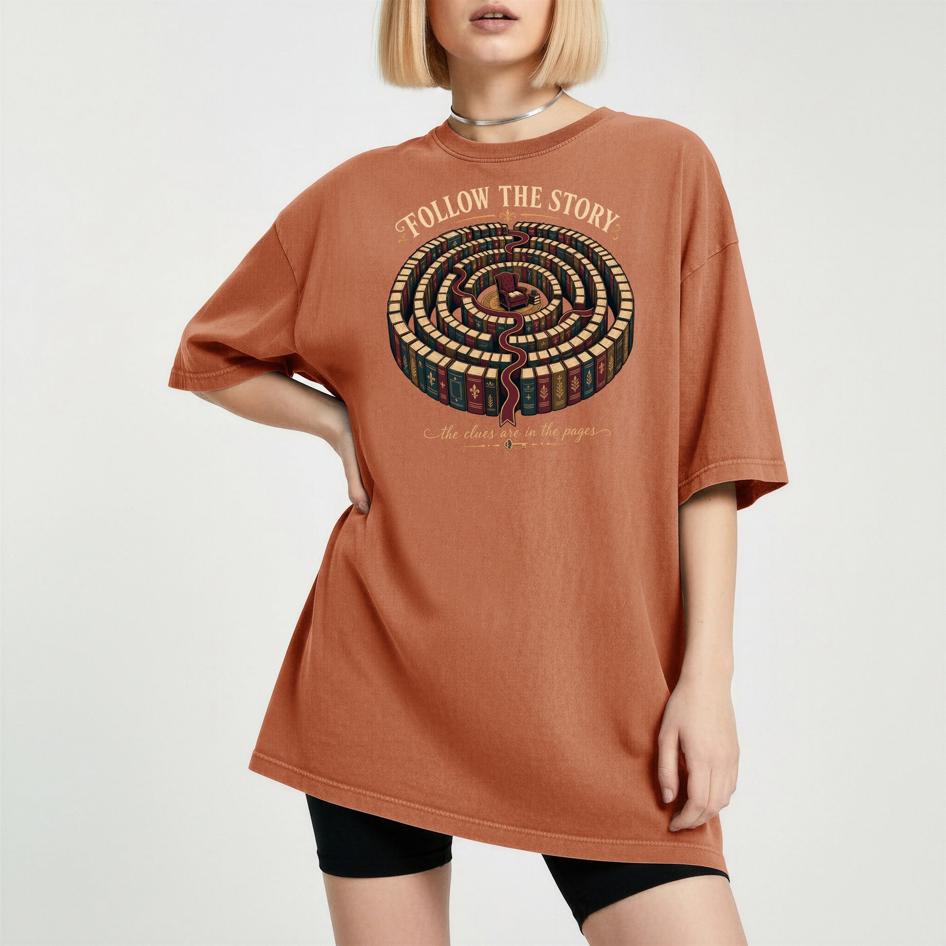 Follow the Story bookish tee in Yam, worn