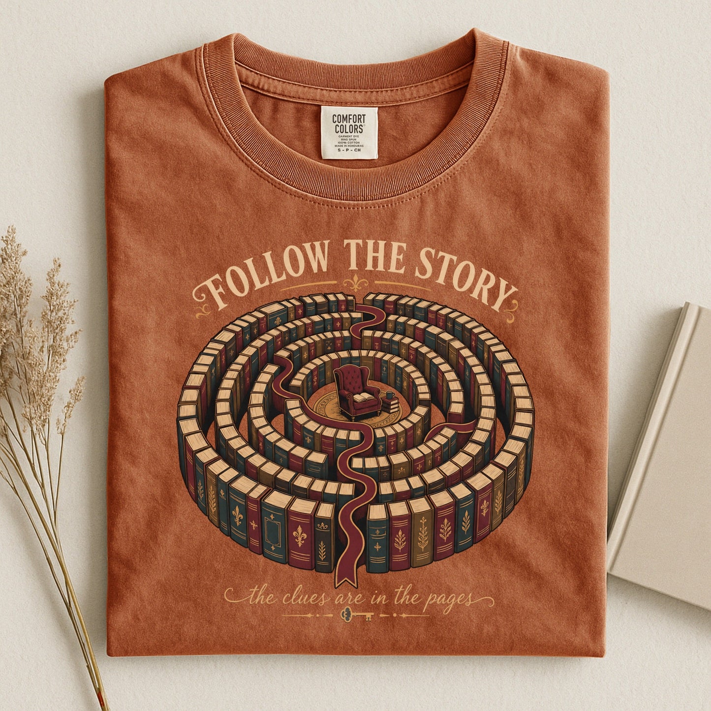 Follow the Story bookish tee in Yam, flat lay