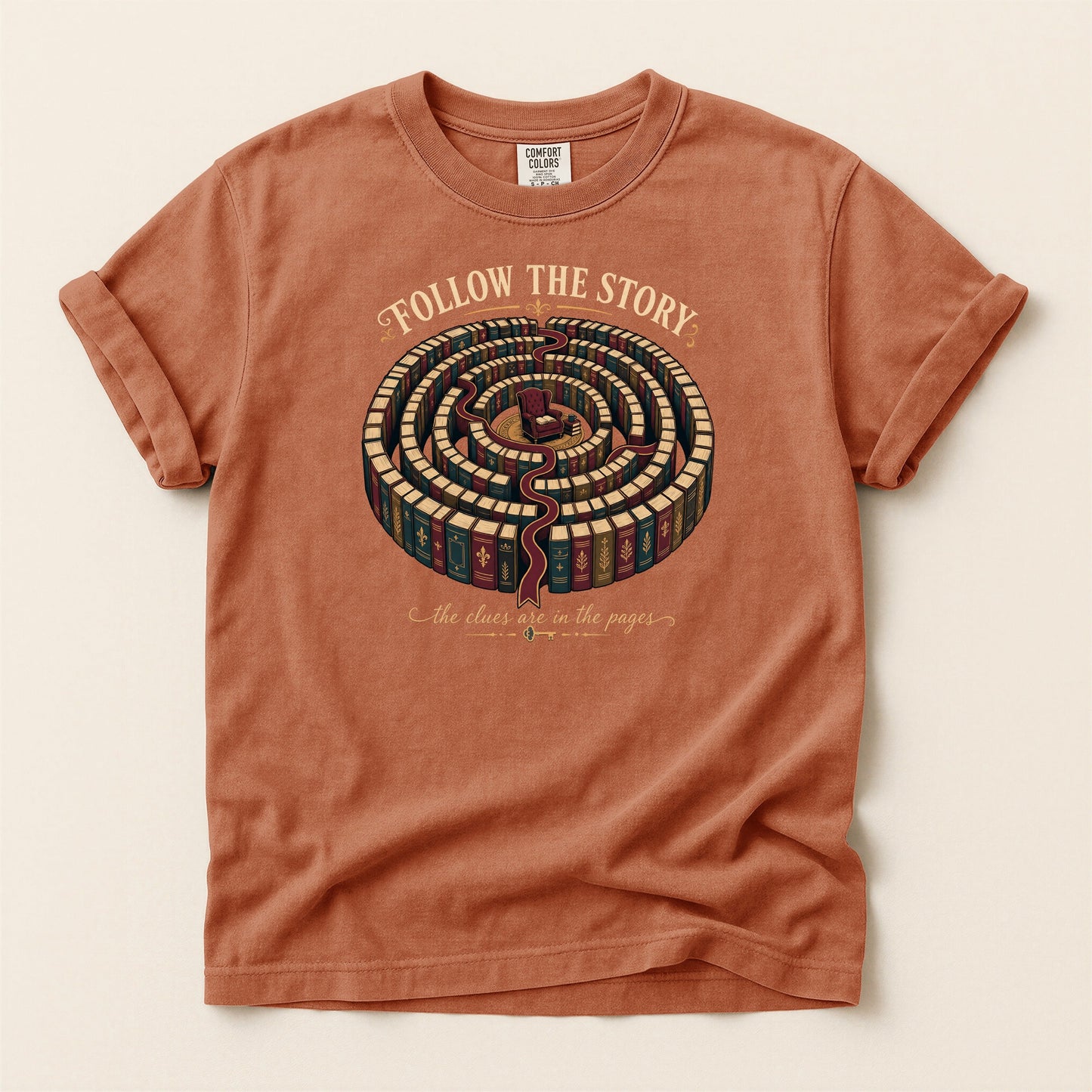 Follow the Story bookish tee in Yam, full flat