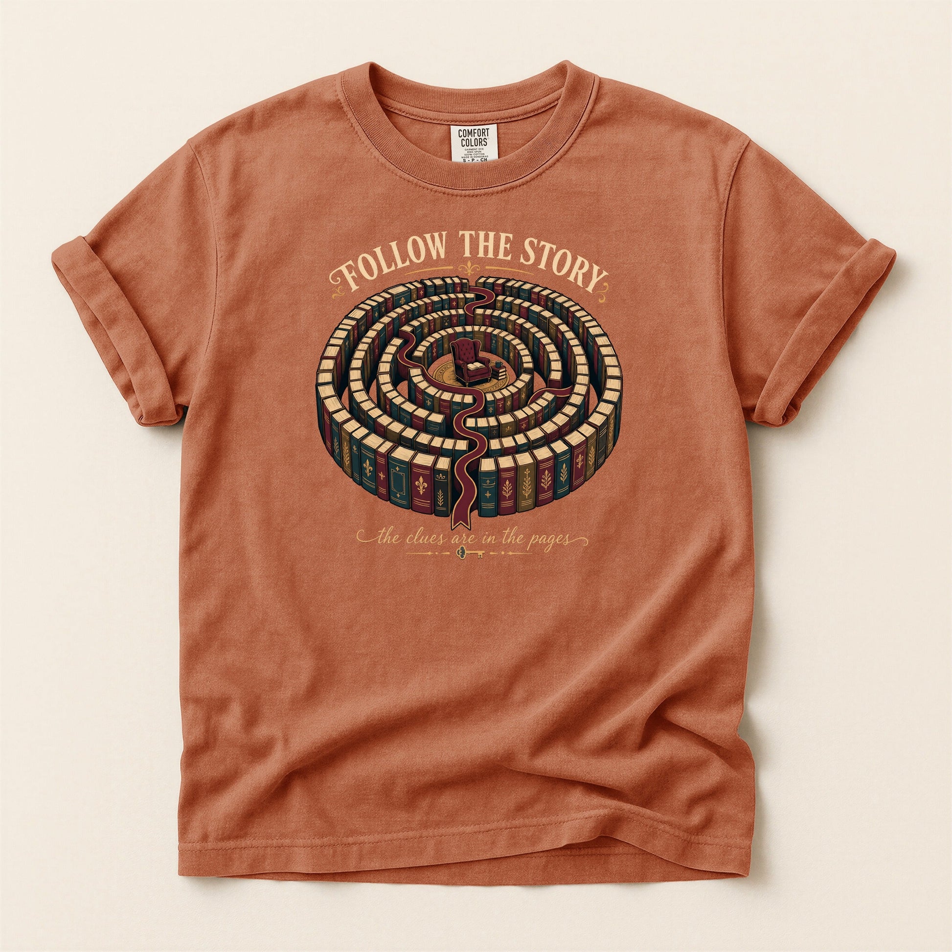 Follow the Story bookish tee in Yam, full flat