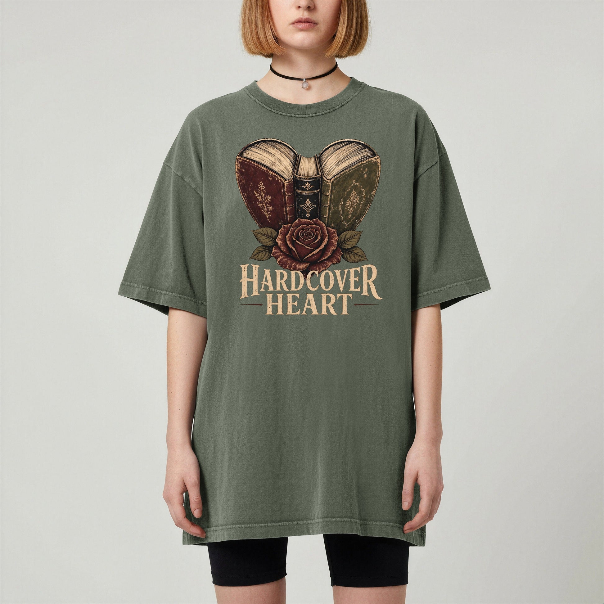 Shelf Love Studio Hardcover Heart t-shirt in Moss, worn