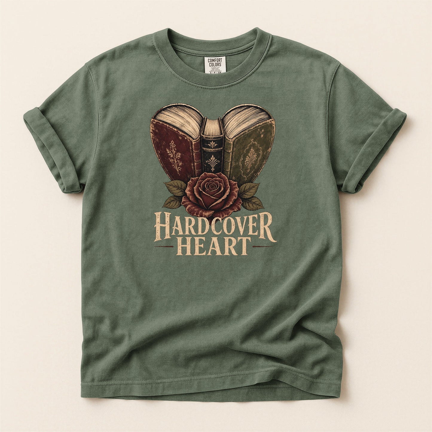 Shelf Love Studio Hardcover Heart t-shirt in Moss, flat