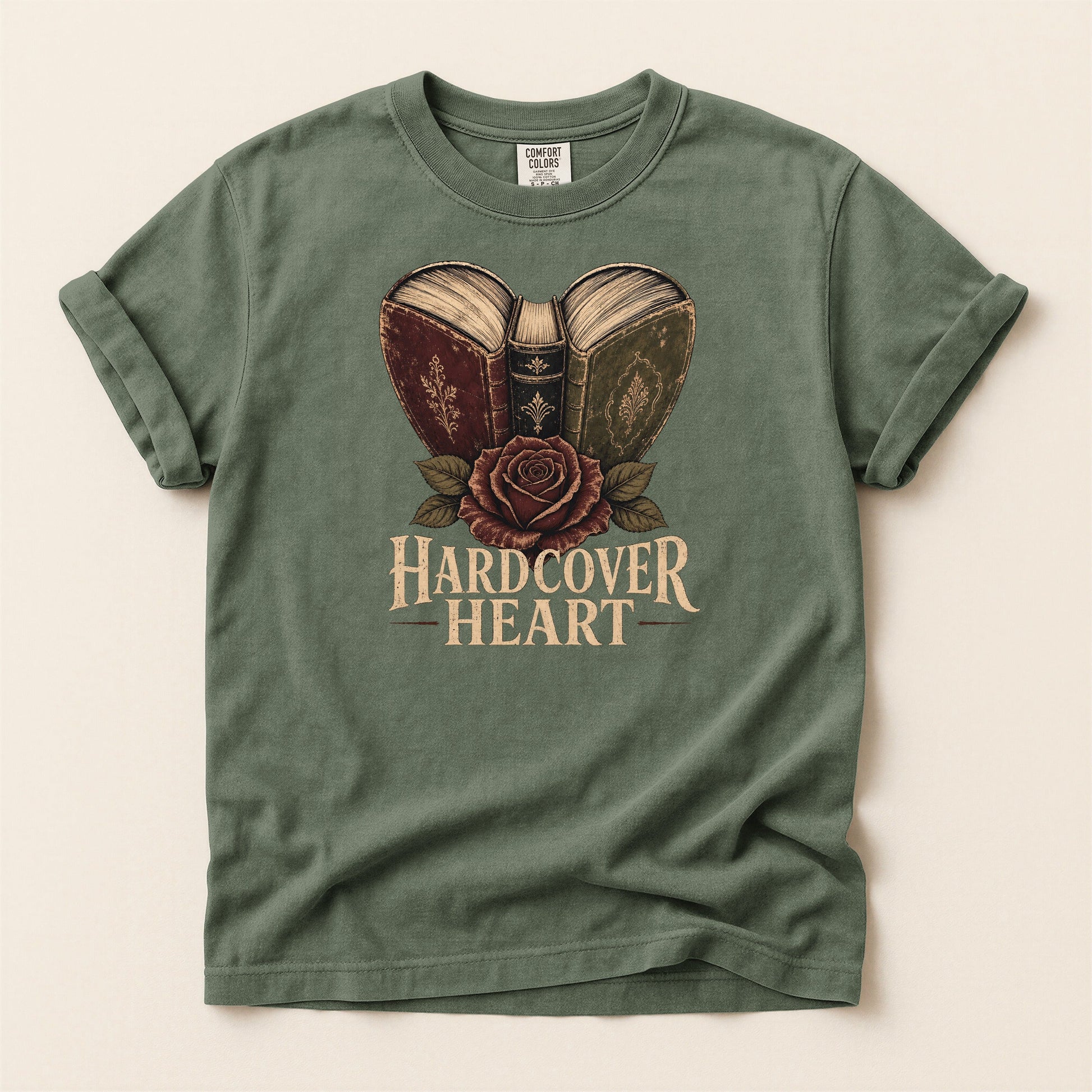 Shelf Love Studio Hardcover Heart t-shirt in Moss, flat