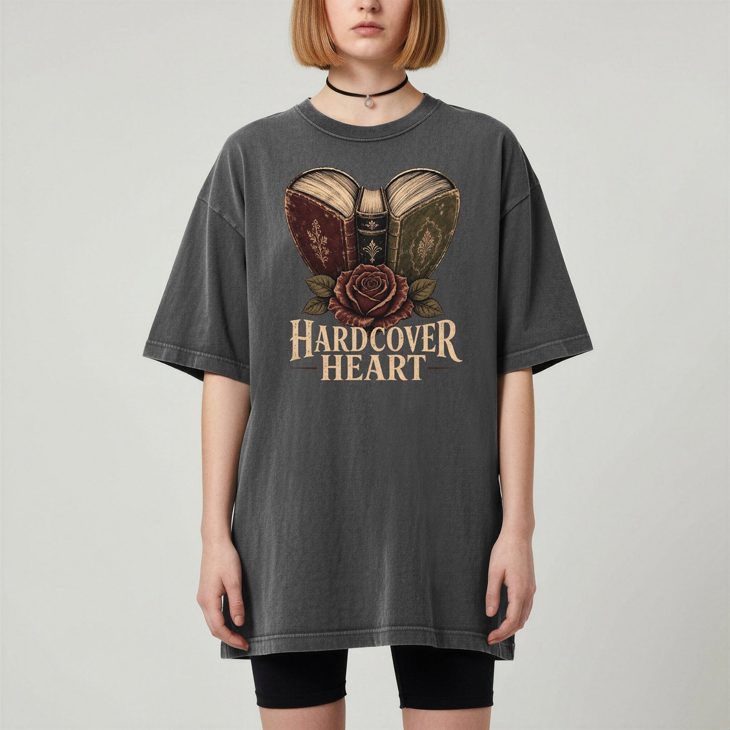 Shelf Love Studio Hardcover Heart t-shirt in Pepper, worn