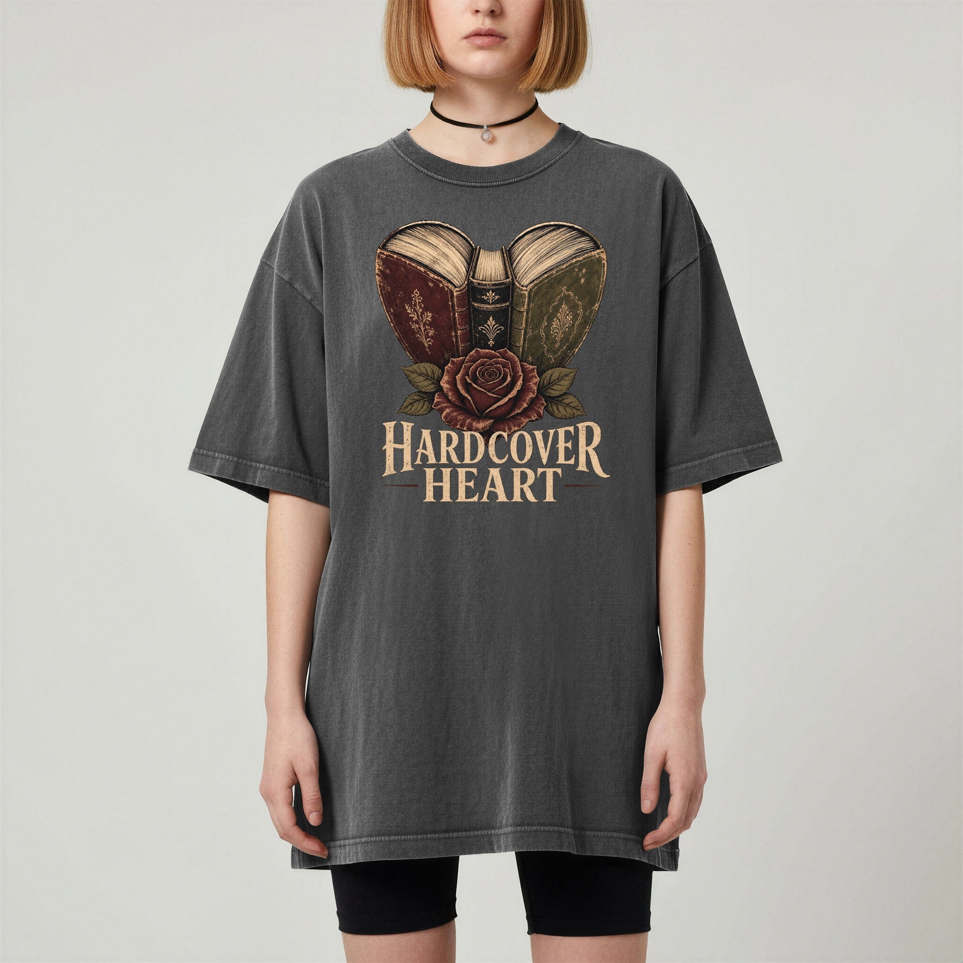Shelf Love Studio Hardcover Heart t-shirt in Pepper, worn