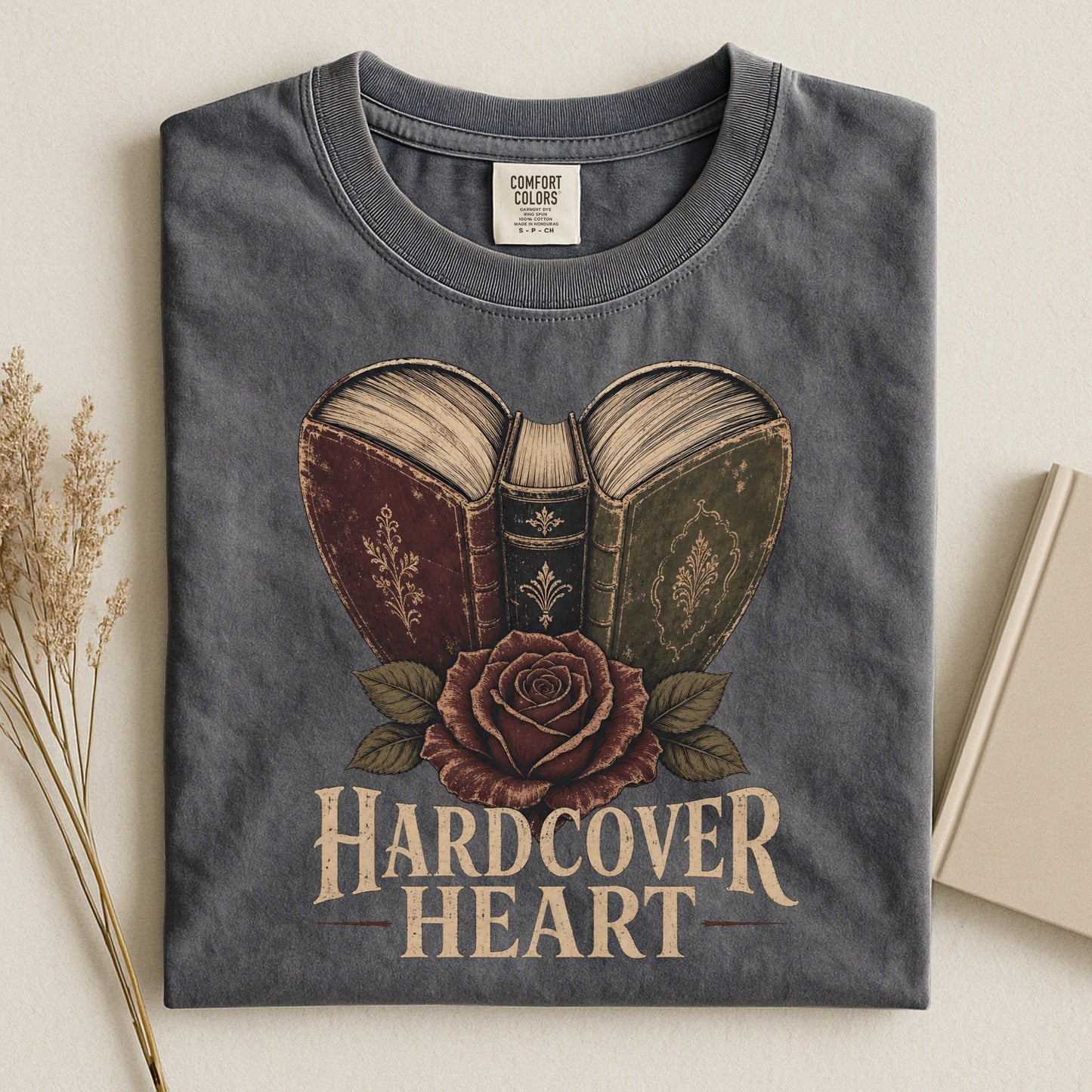 Shelf Love Studio Hardcover Heart t-shirt in Pepper, styled flat lay