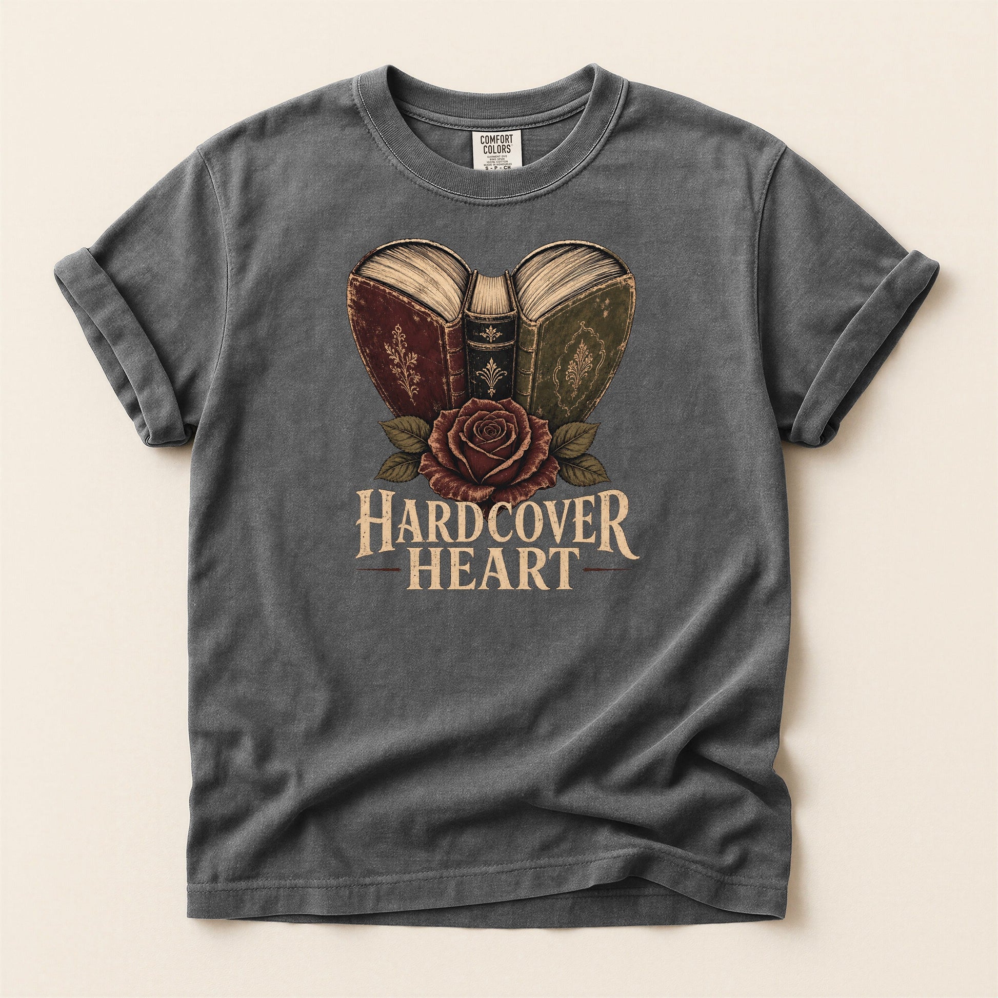 Shelf Love Studio Hardcover Heart t-shirt in Pepper, flat