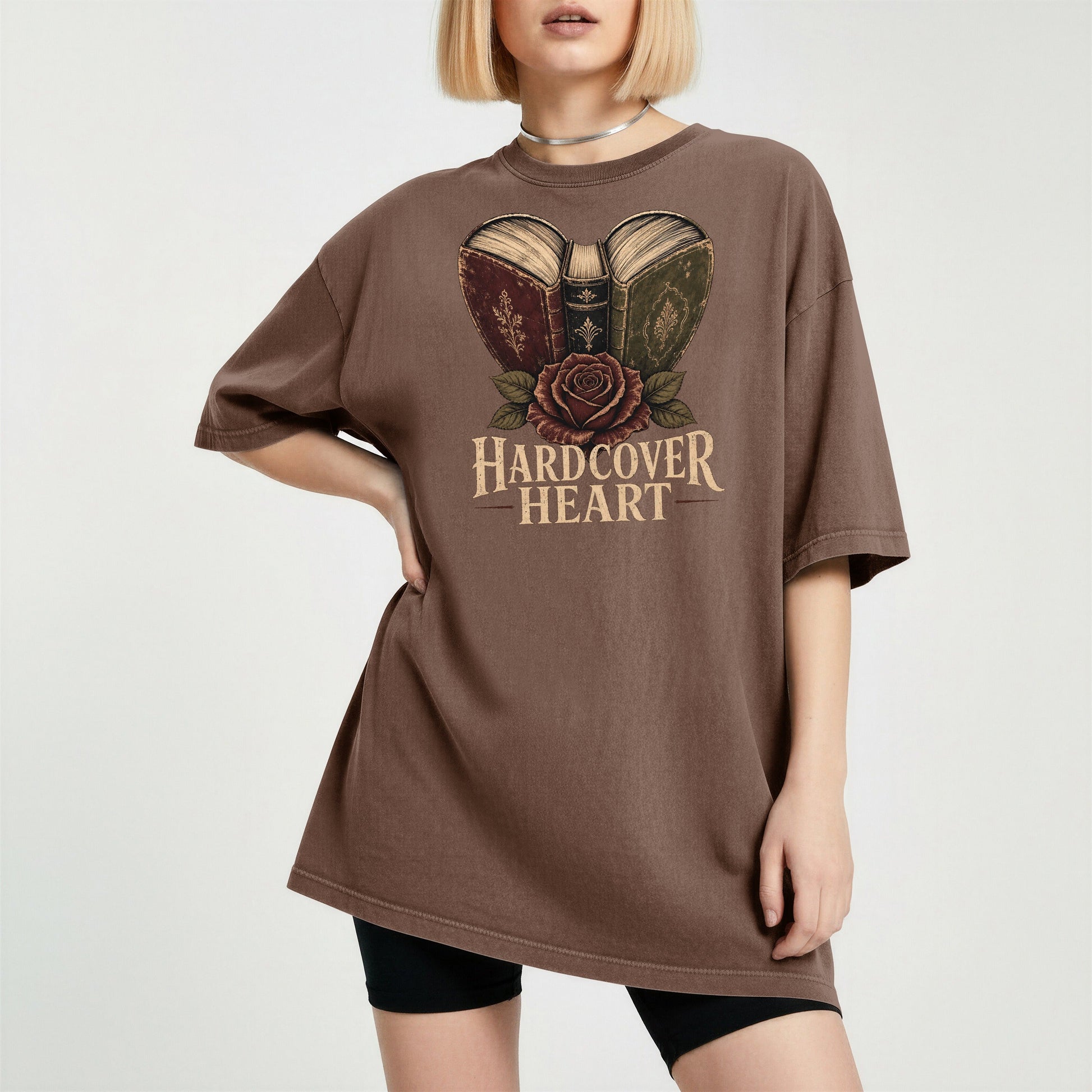 Shelf Love Studio Hardcover Heart t-shirt in Espresso, worn