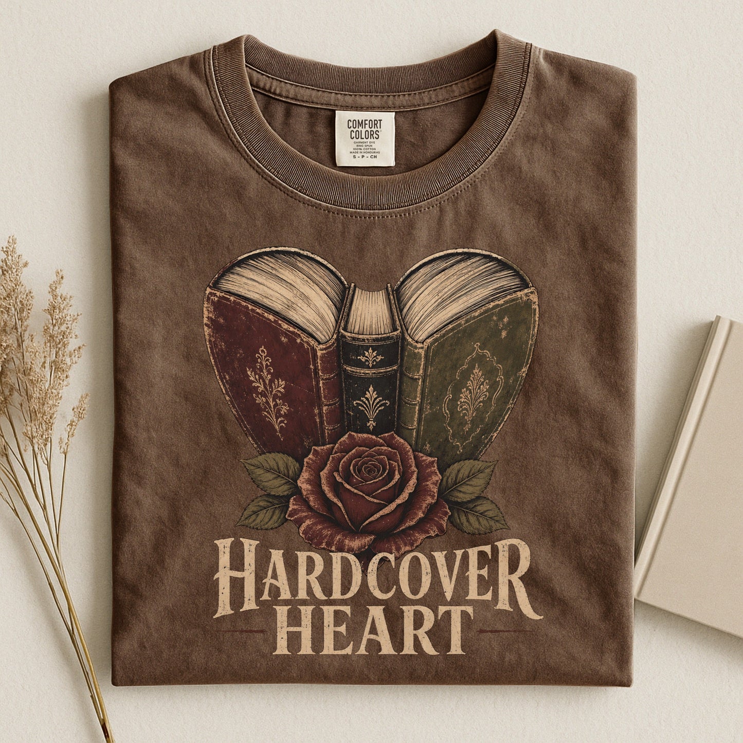 Shelf Love Studio Hardcover Heart t-shirt in Espresso, styled flat lay