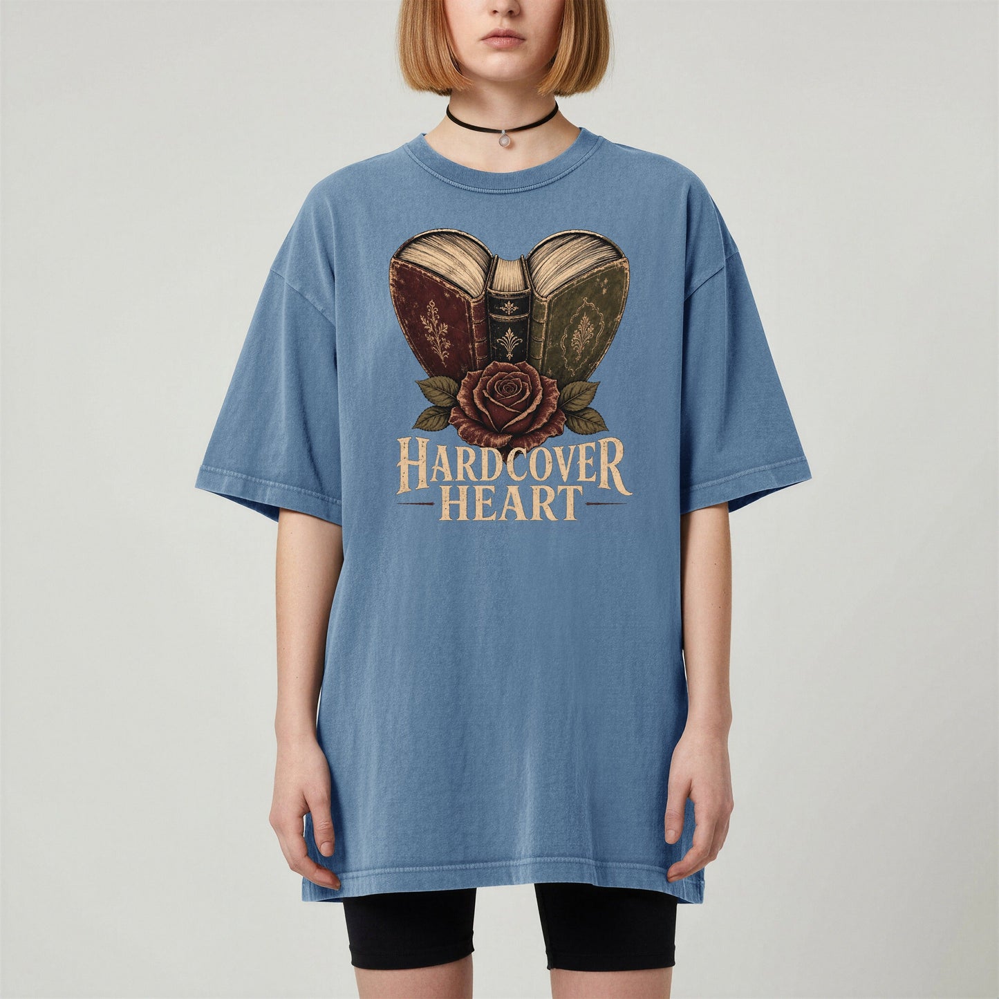 Shelf Love Studio Hardcover Heart t-shirt in Blue Jean, worn
