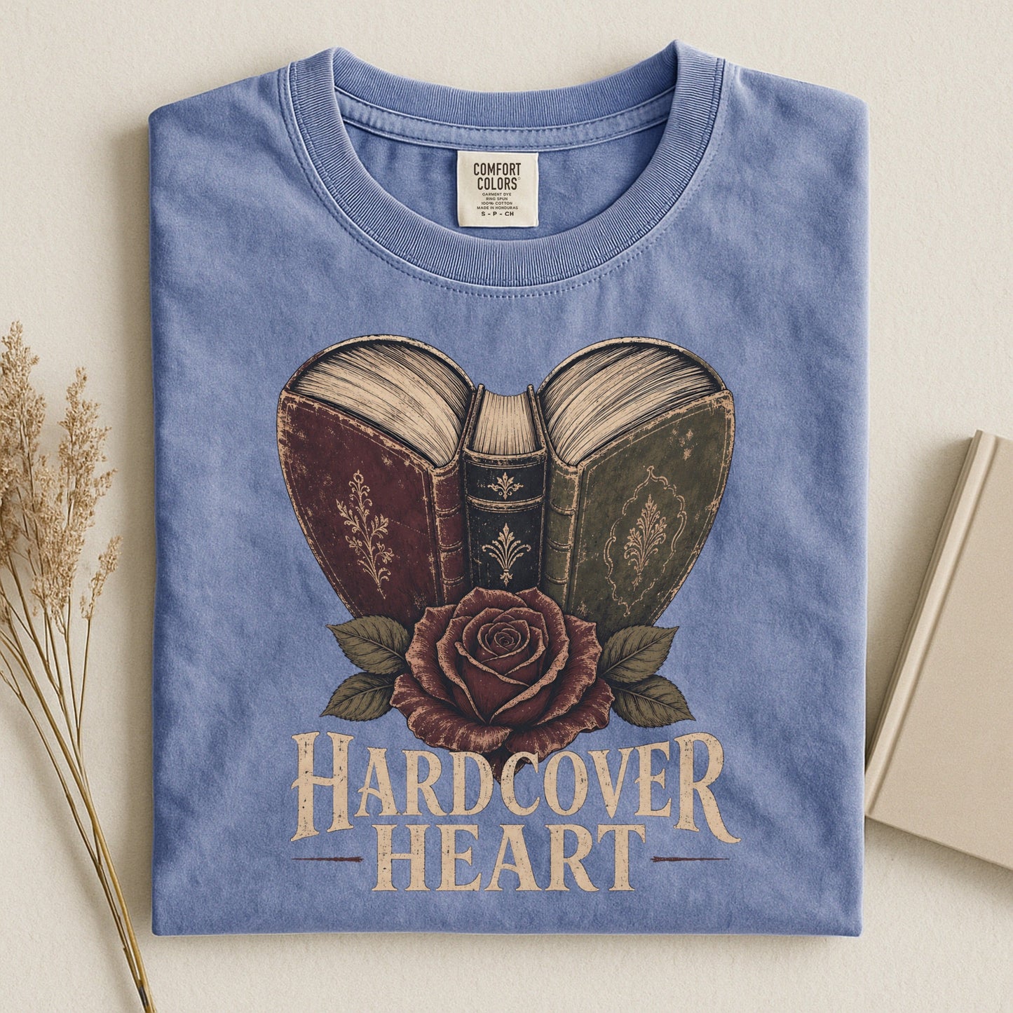 Shelf Love Studio Hardcover Heart t-shirt in Blue Jean, styled flat lay