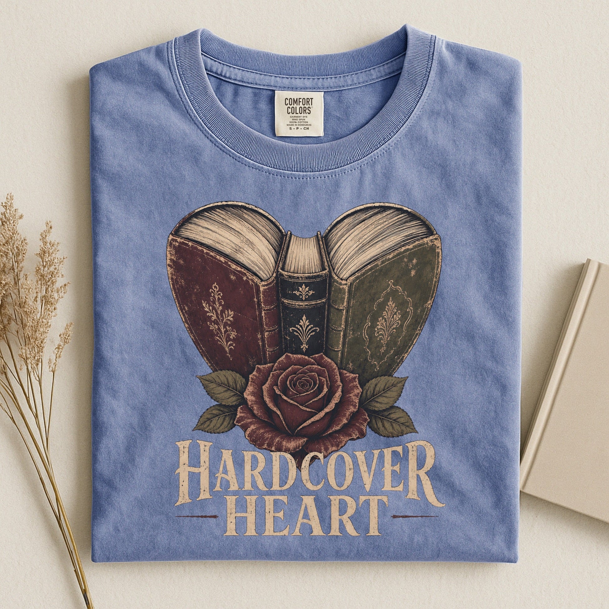 Shelf Love Studio Hardcover Heart t-shirt in Blue Jean, styled flat lay