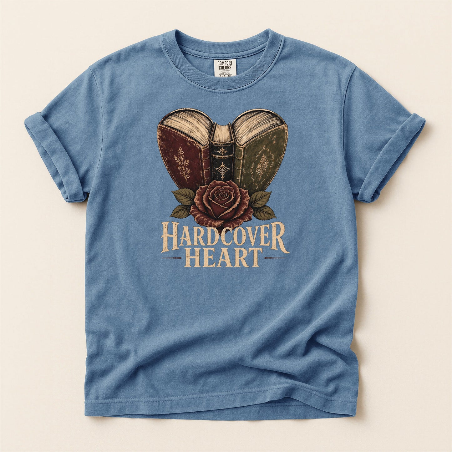 Shelf Love Studio Hardcover Heart t-shirt in Blue Jean, flat