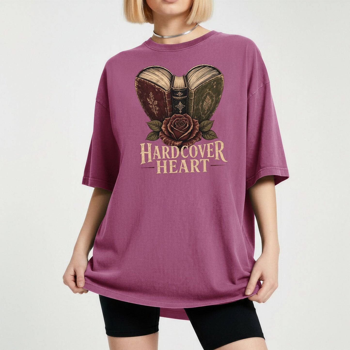 Shelf Love Studio Hardcover Heart t-shirt in Berry, worn
