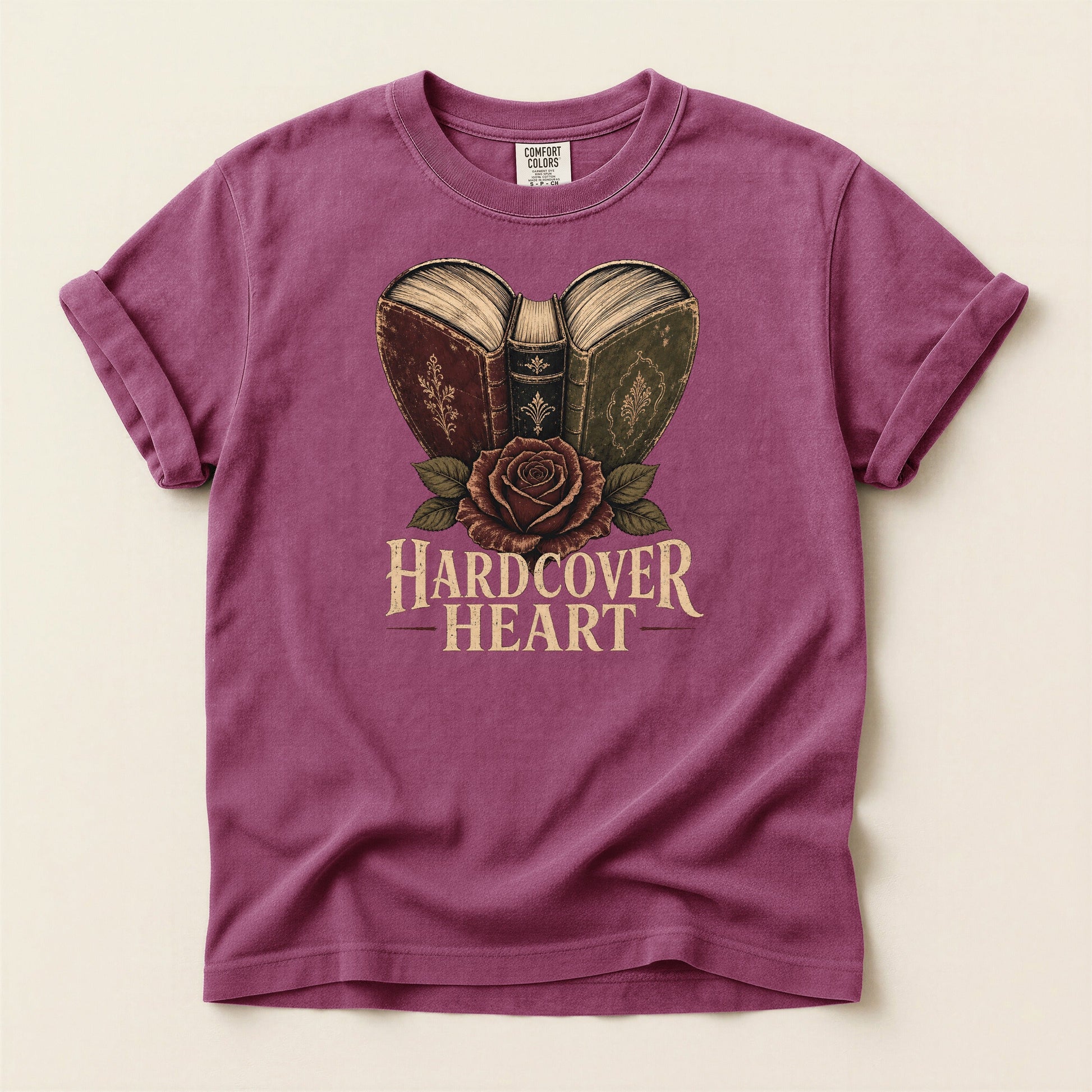 Shelf Love Studio Hardcover Heart t-shirt in Berry, flat