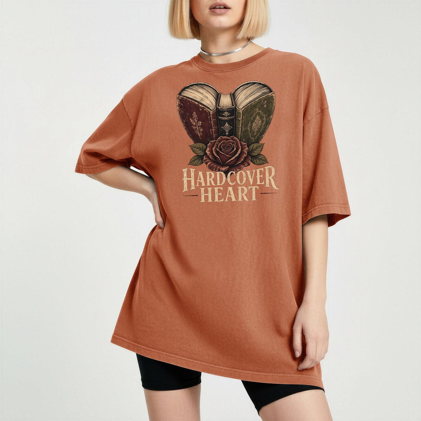 Shelf Love Studio Hardcover Heart t-shirt in Yam, worn