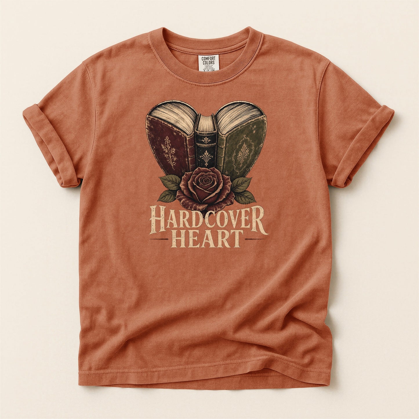 Shelf Love Studio Hardcover Heart t-shirt in Yam, flat