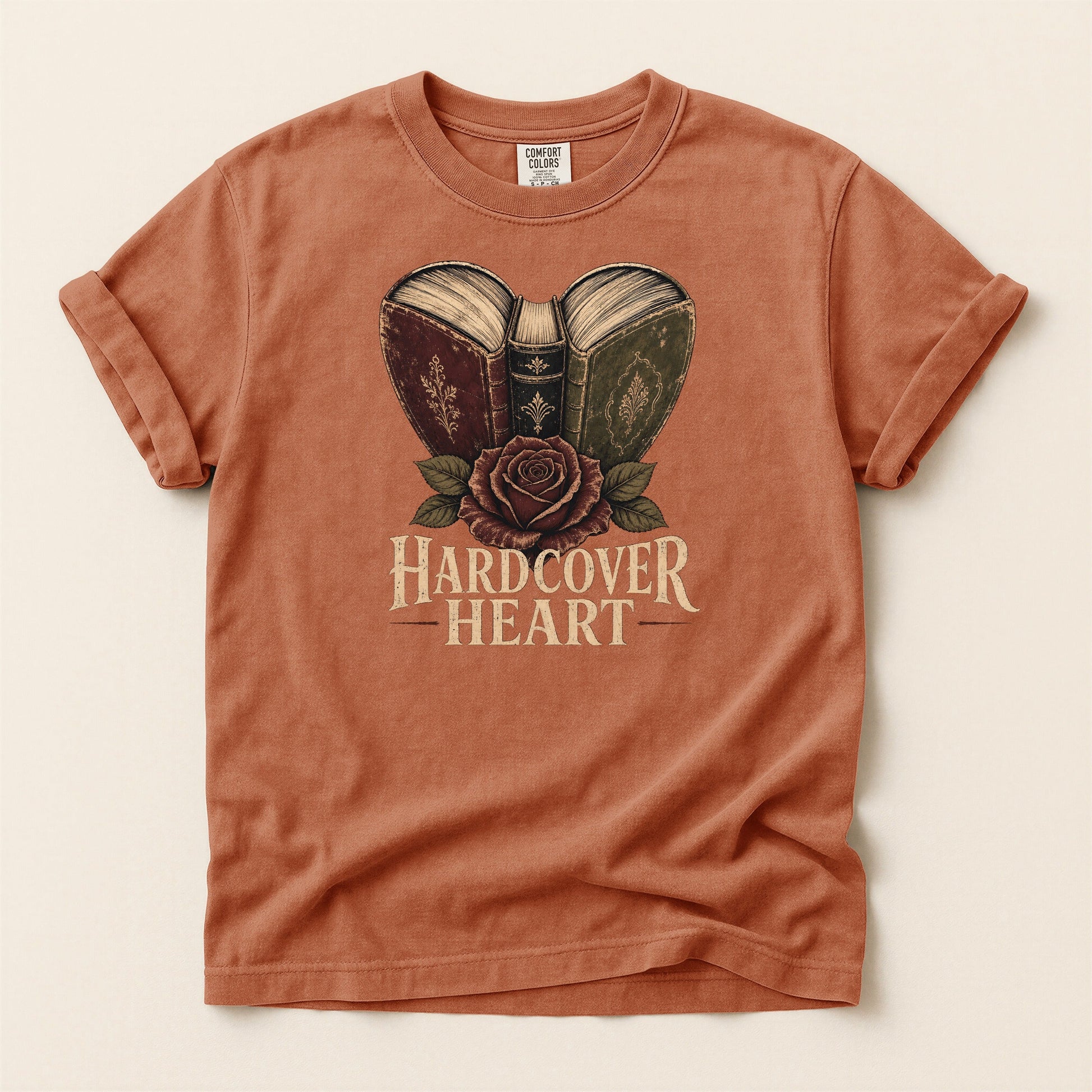Shelf Love Studio Hardcover Heart t-shirt in Yam, flat