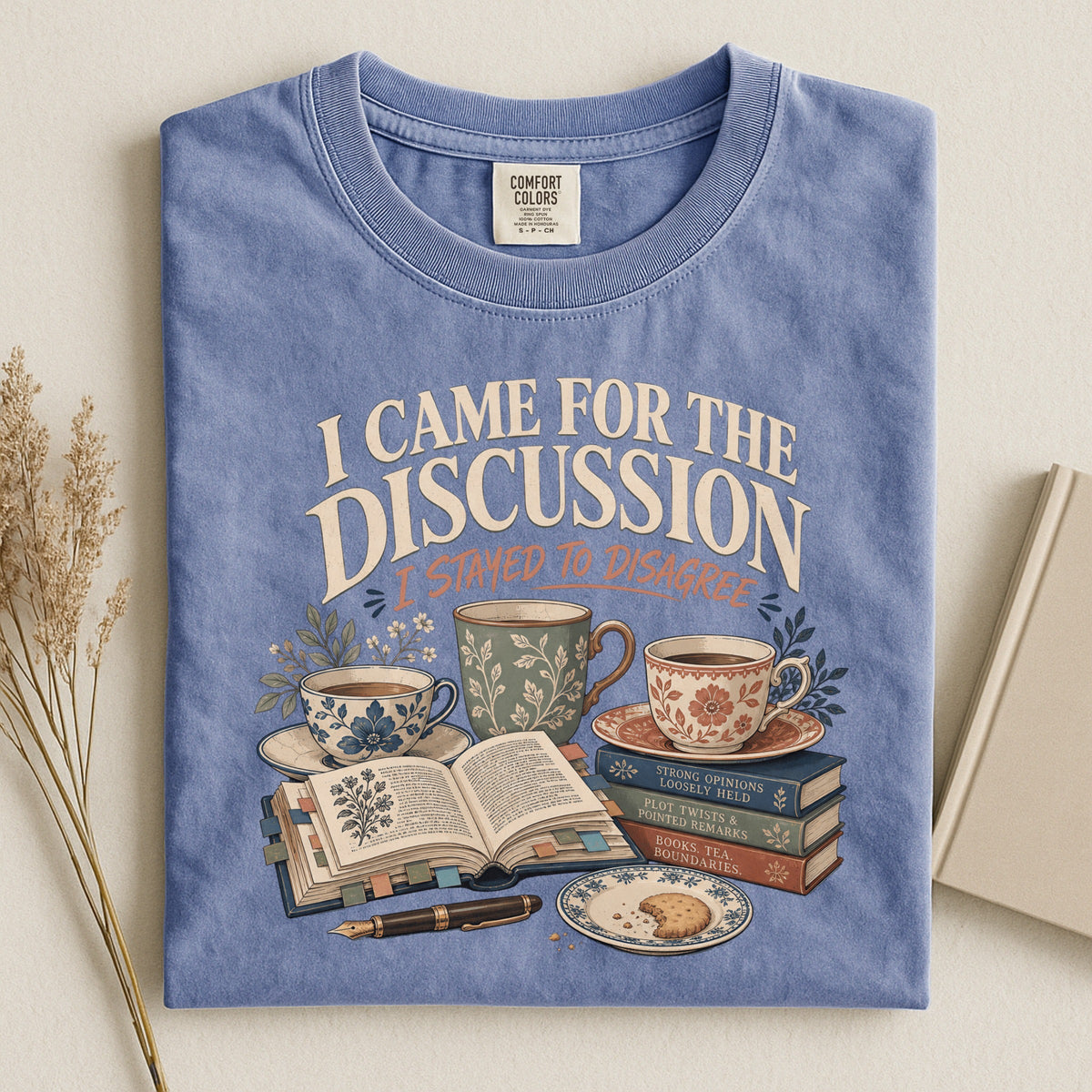 Shelf Love Studio I Came for the Discussion t-shirt in Blue Jean, styled flat lay