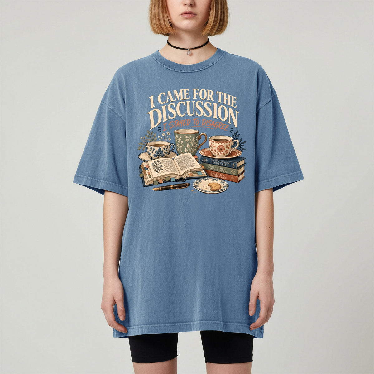 Shelf Love Studio I Came for the Discussion t-shirt in Blue Jean, worn