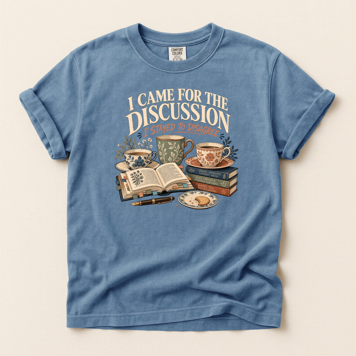 Shelf Love Studio I Came for the Discussion t-shirt in Blue Jean, flat
