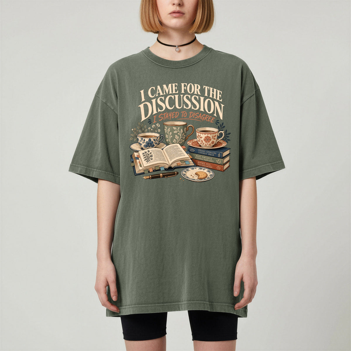 Shelf Love Studio I Came for the Discussion t-shirt in Moss, worn