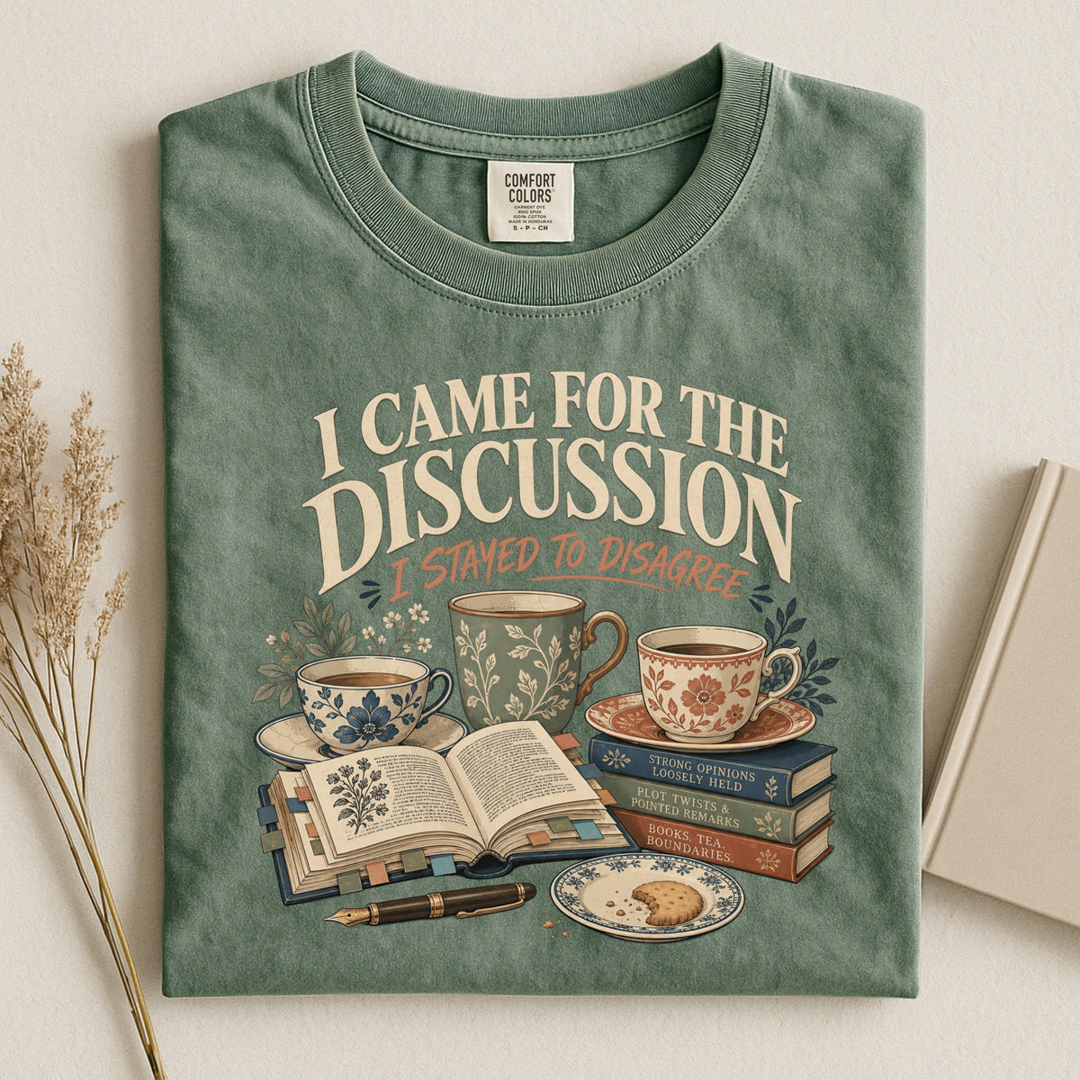 Shelf Love Studio I Came for the Discussion t-shirt in Moss, styled flat lay