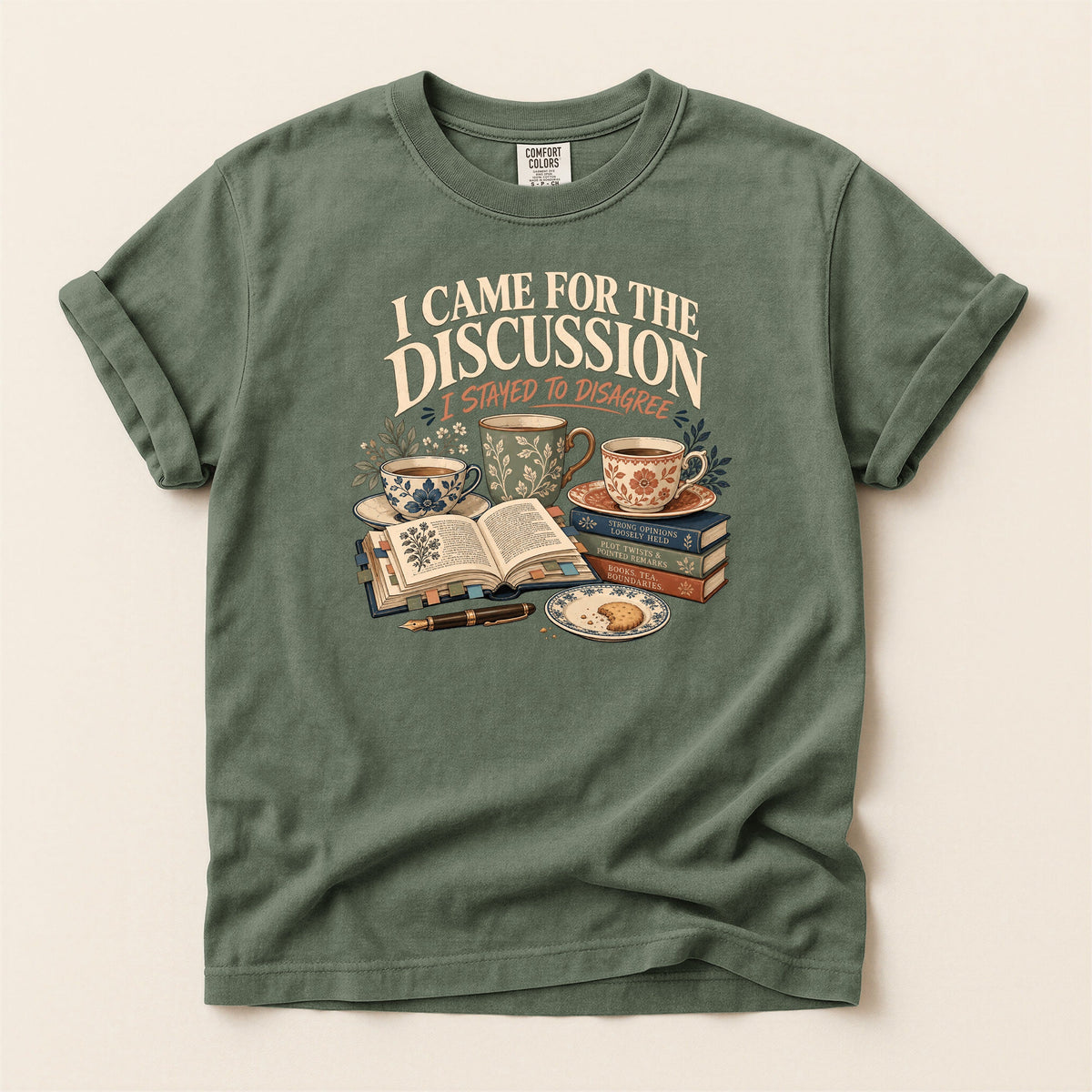 Shelf Love Studio I Came for the Discussion t-shirt in Moss, flat