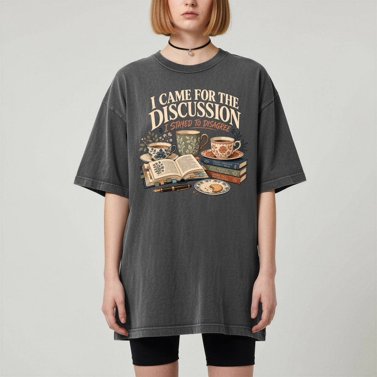 Shelf Love Studio I Came for the Discussion t-shirt in Pepper, worn