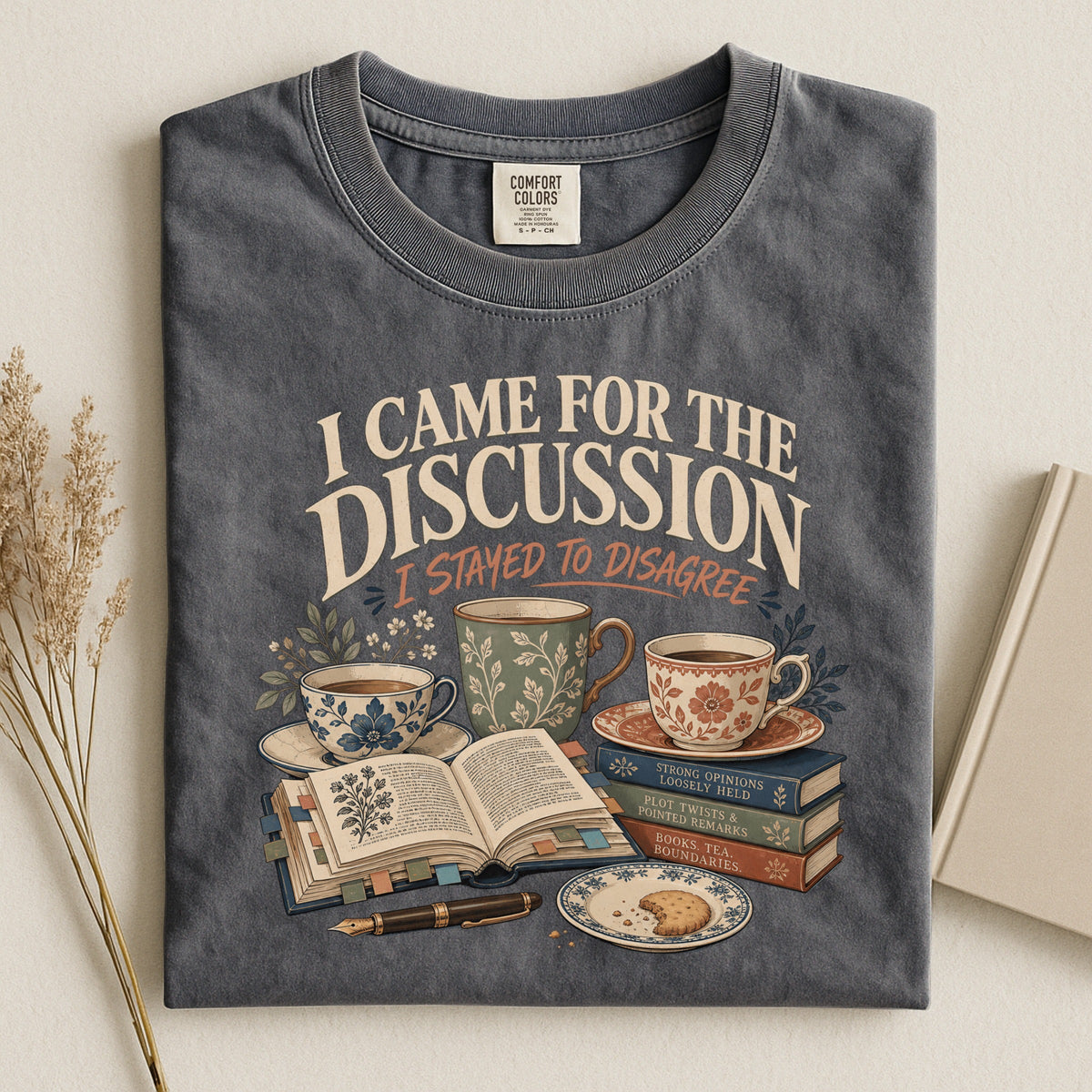 Shelf Love Studio I Came for the Discussion t-shirt in Pepper, styled flat lay