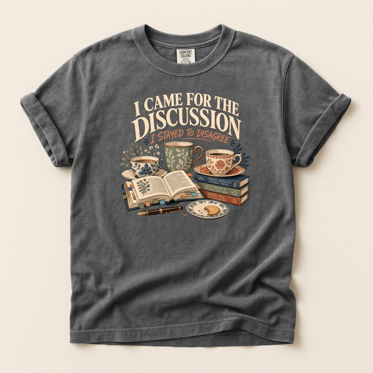 Shelf Love Studio I Came for the Discussion t-shirt in Pepper, flat