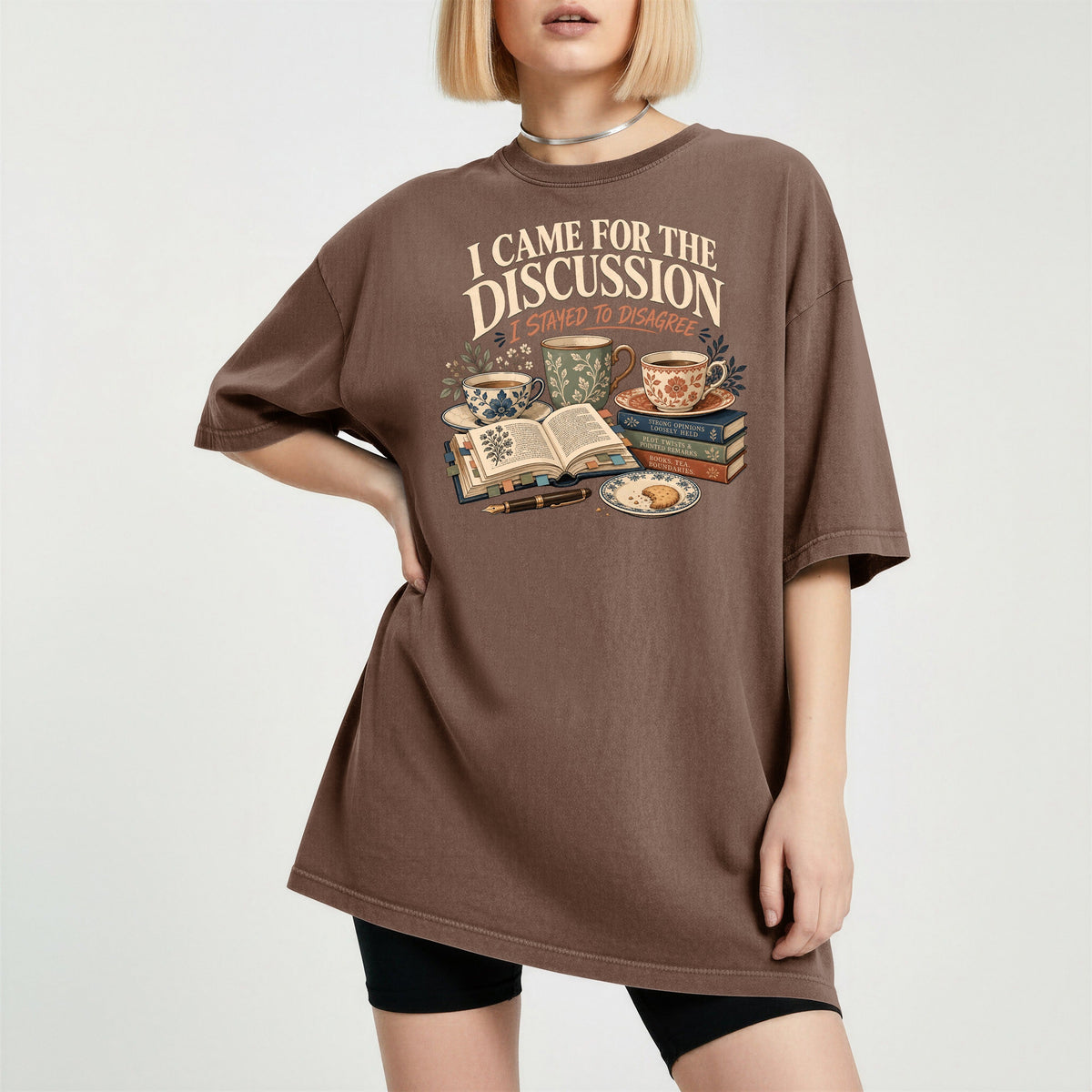 Shelf Love Studio I Came for the Discussion t-shirt in Espresso, worn
