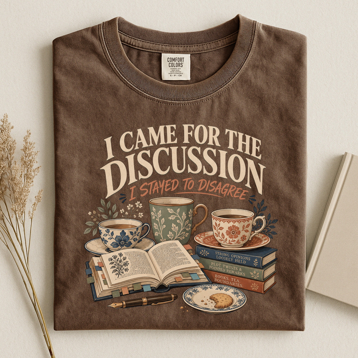 Shelf Love Studio I Came for the Discussion t-shirt in Espresso, styled flat lay