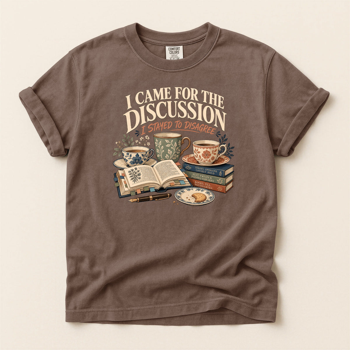 Shelf Love Studio I Came for the Discussion t-shirt in Espresso, flat