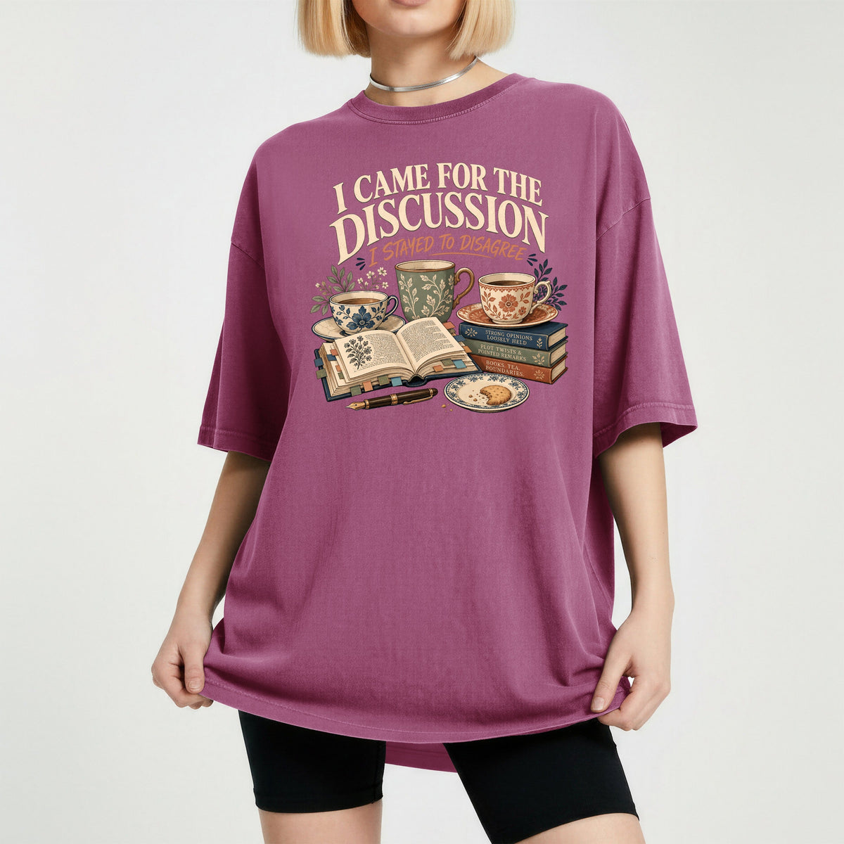 Shelf Love Studio I Came for the Discussion t-shirt in Berry, worn