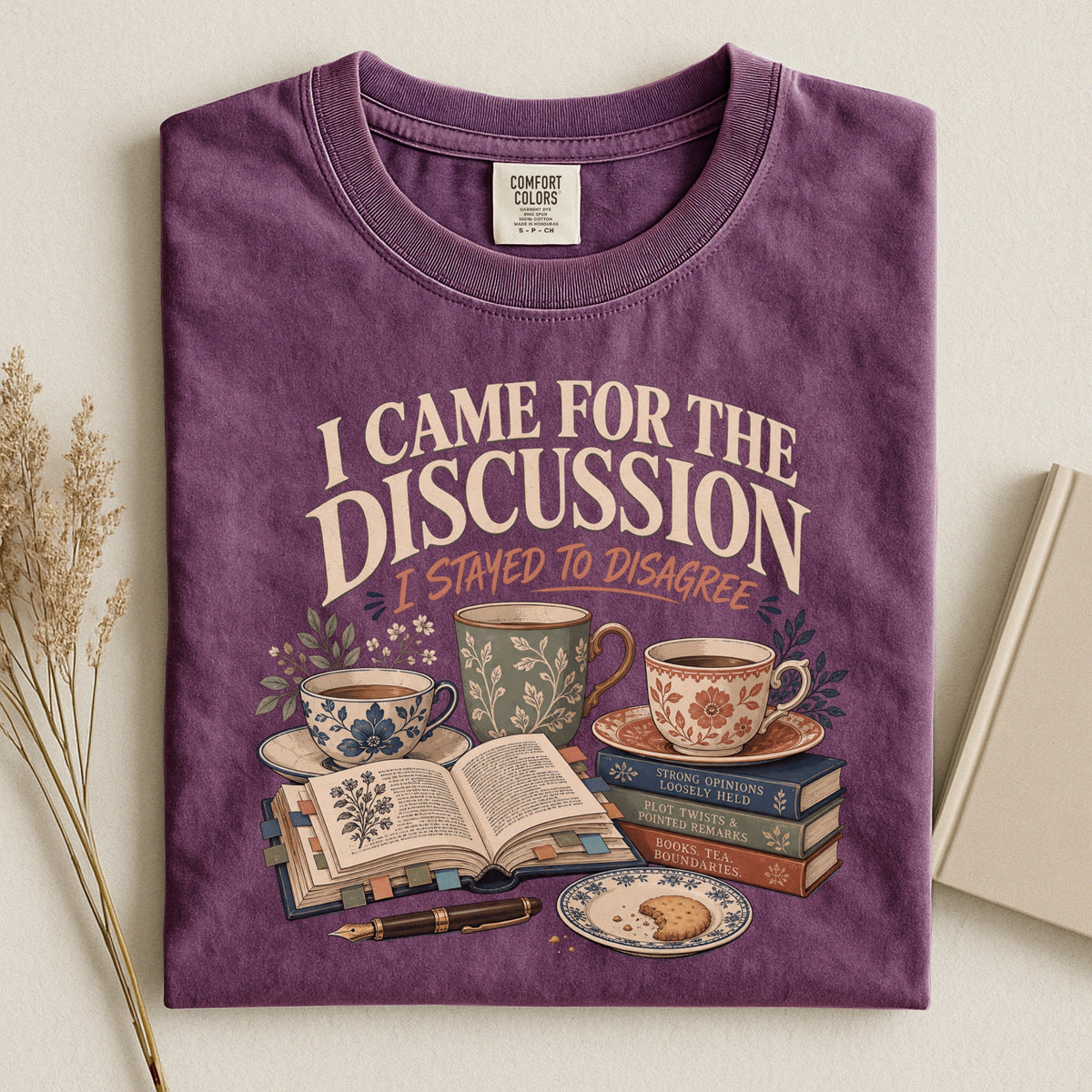 Shelf Love Studio I Came for the Discussion t-shirt in Berry, styled flat lay
