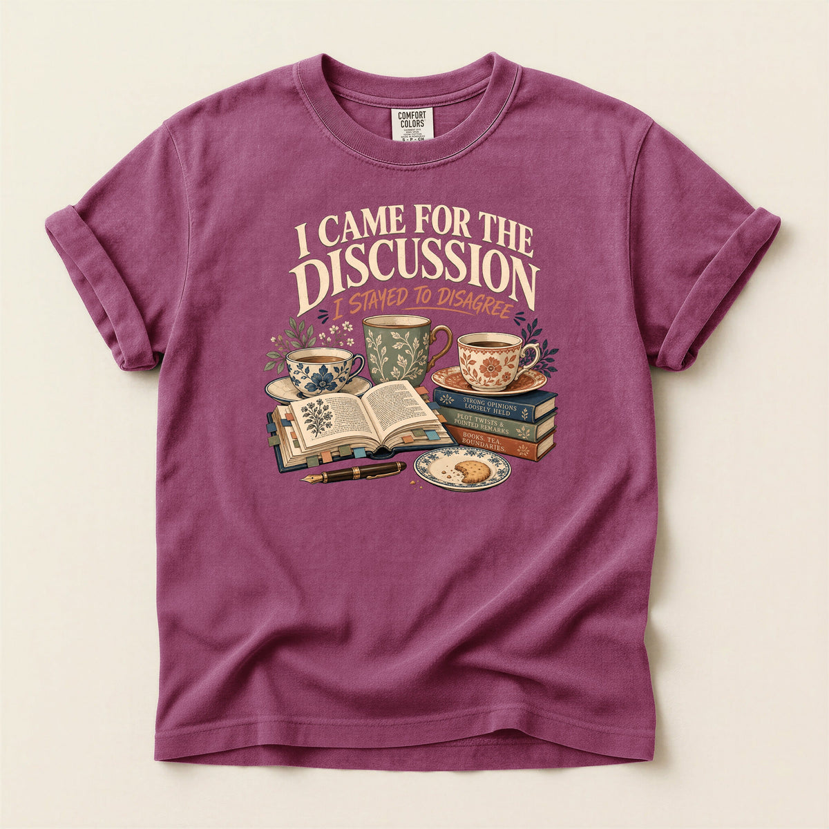 Shelf Love Studio I Came for the Discussion t-shirt in Berry, flat