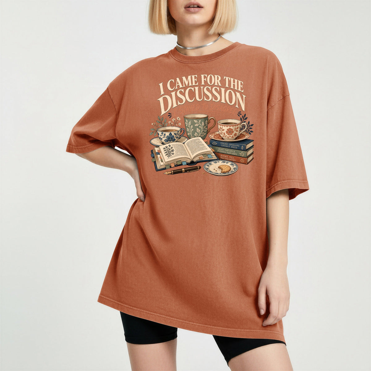Shelf Love Studio I Came for the Discussion t-shirt in Yam, worn