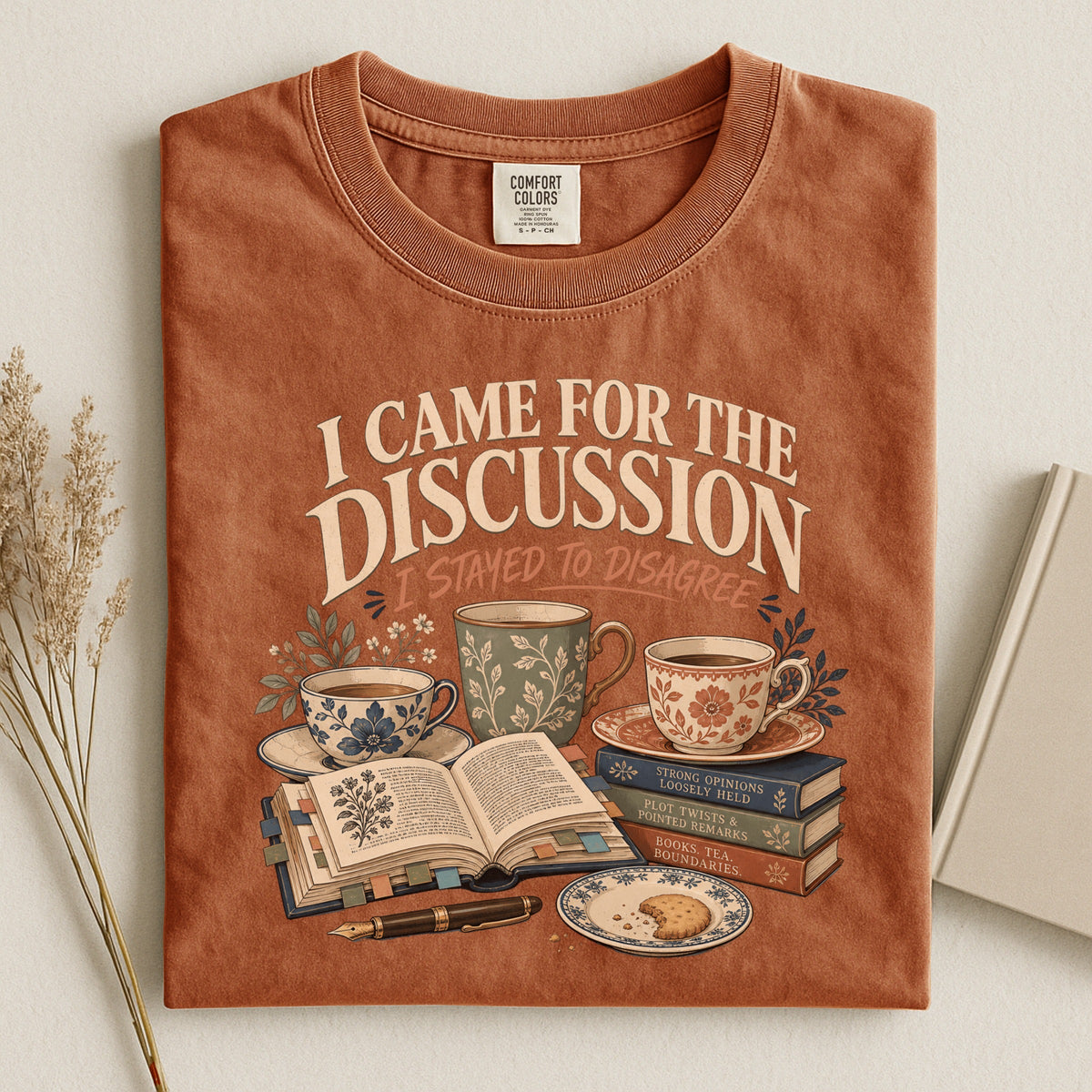 Shelf Love Studio I Came for the Discussion t-shirt in Yam, styled flat lay
